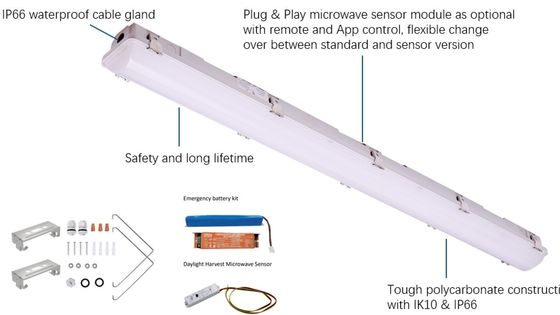 Industriële LED-dampverlichting IP66 IK10 2ft/4ft/5ft/8ft 120-277V/120-347V Inlaatspanning