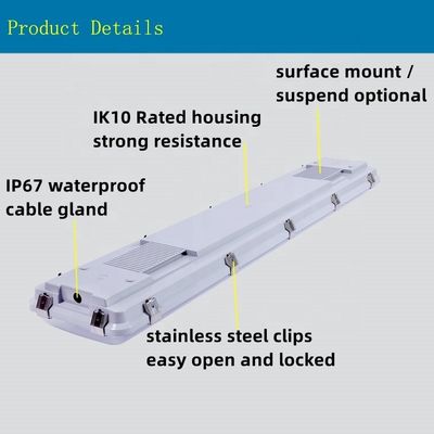 Oppervlak gemonteerd 4FT 0-10V DIM Led Triproof Batten Light Fixture IP67 Stoomdicht Voor opslag 5-